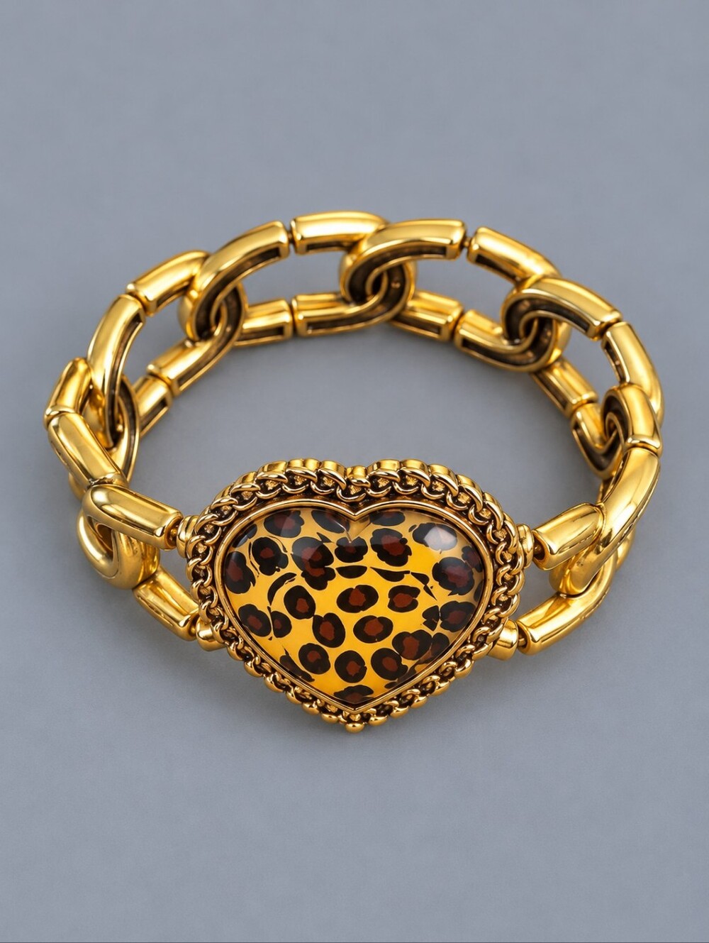 VTG Cheetah Puffy Heart Chain Stretch Bracelet